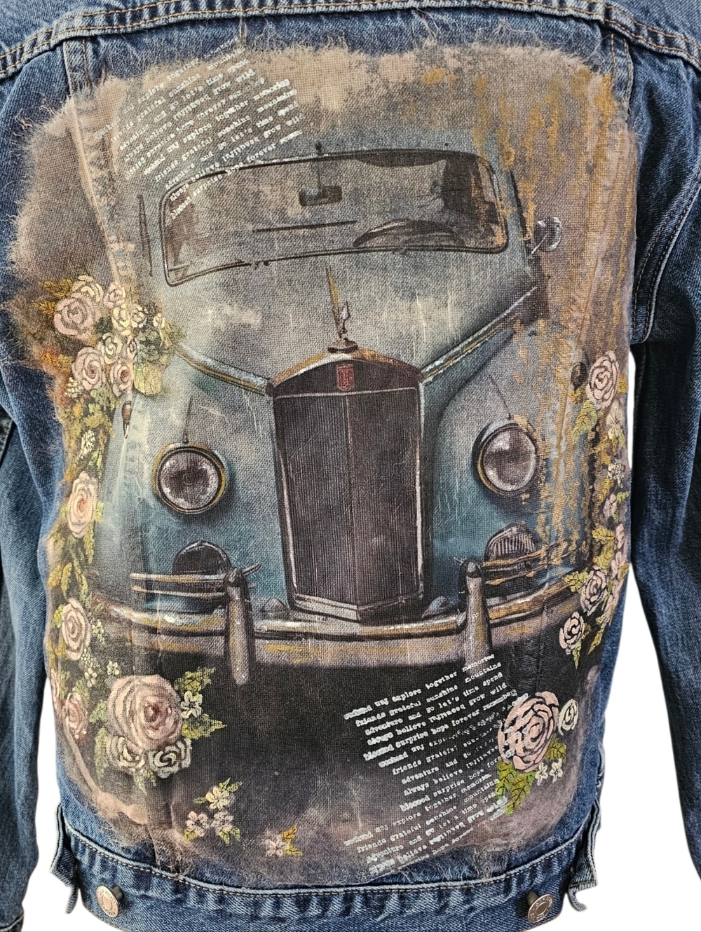Mixed Media Vintage Car And Floral Jean Jacket - Picture 2 of 5